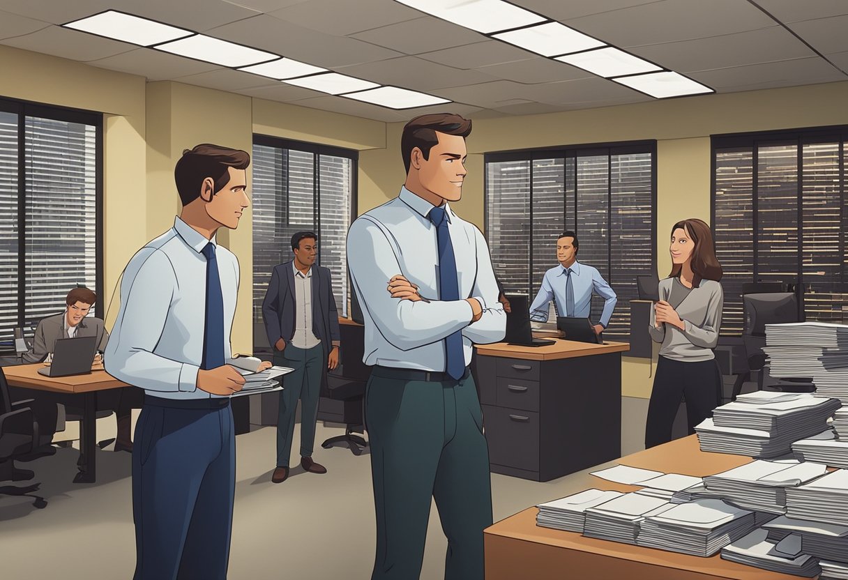 A credit repair expert answers questions in an office, surrounded by files and a computer. Customers wait in line for assistance