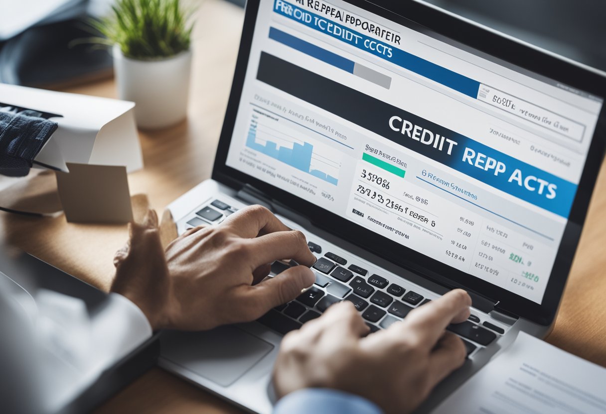 A person reviewing documents with "credit repair facts" highlighted, surrounded by financial statements and a computer screen showing credit scores