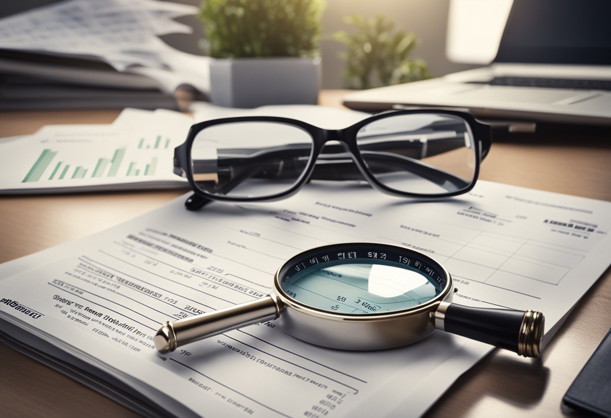 A stack of credit reports and a magnifying glass on a desk, with a score chart in the background