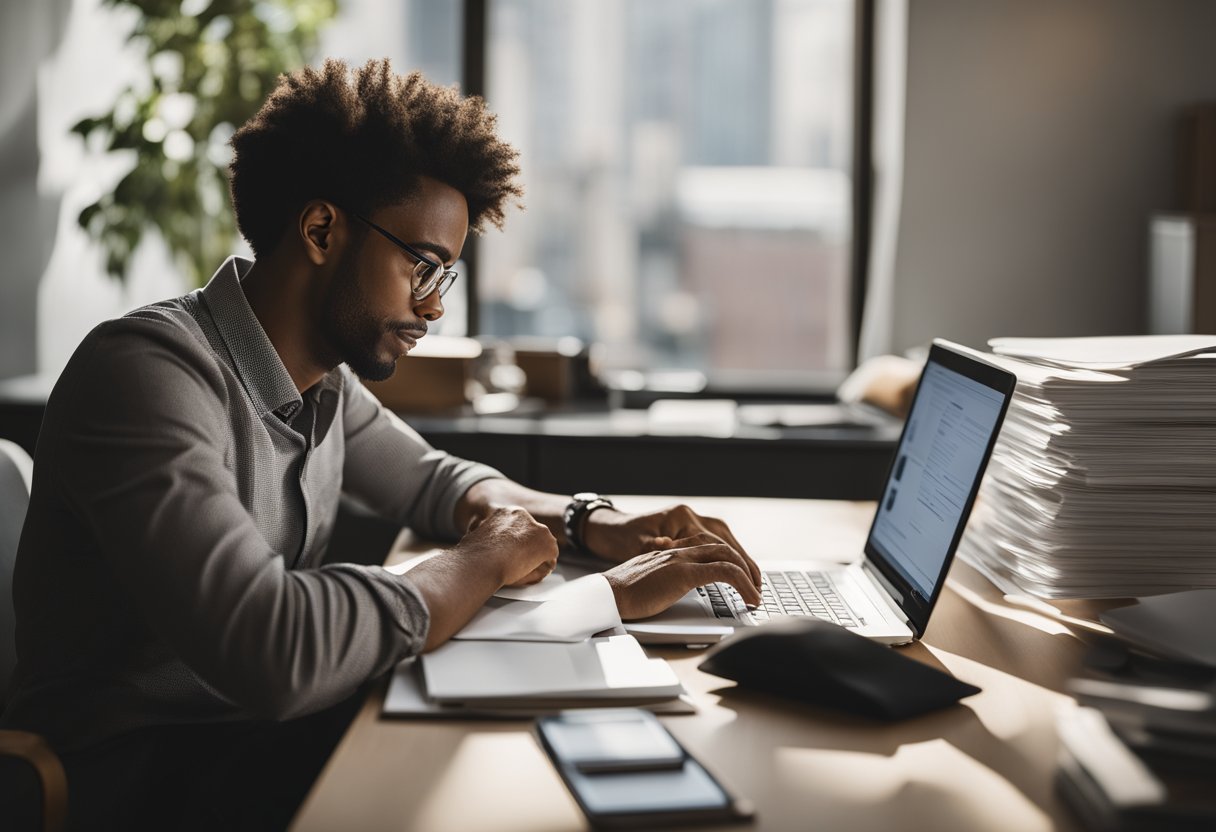 A person sits at a desk, surrounded by papers and a laptop. They are researching credit repair strategies, with a determined expression on their face