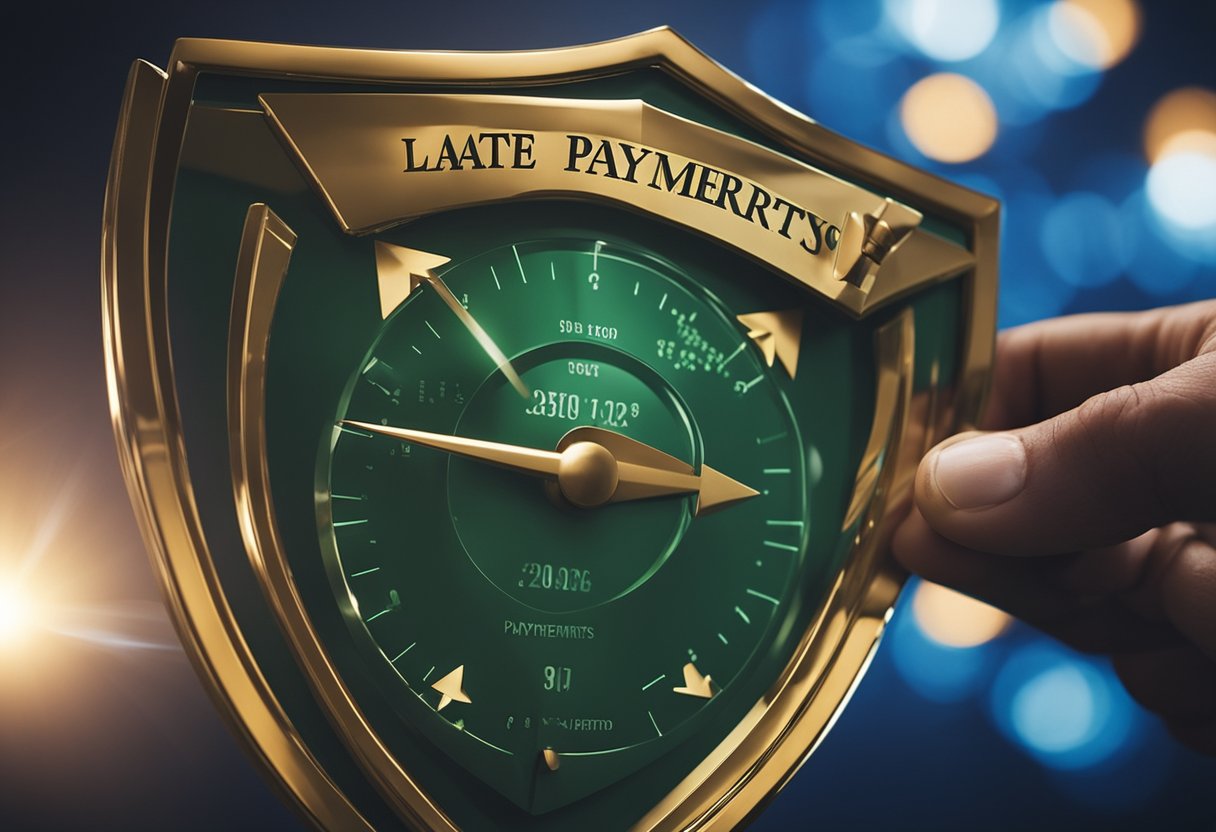 A hand holding a shield, blocking arrows labeled "late payments" and "bankruptcy" from hitting a credit score gauge, with a light shining on the shield