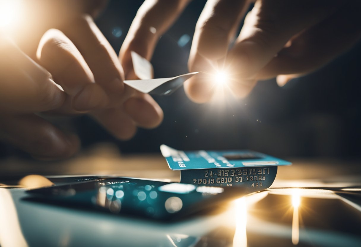 A broken credit card split in half with a shining light above, and a pair of mending hands reaching out to fix it