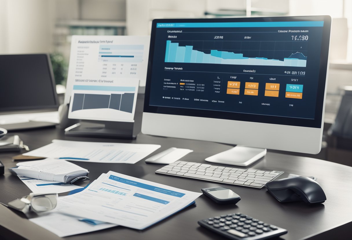 A credit report with a high score displayed on a computer screen, surrounded by financial documents and a calculator