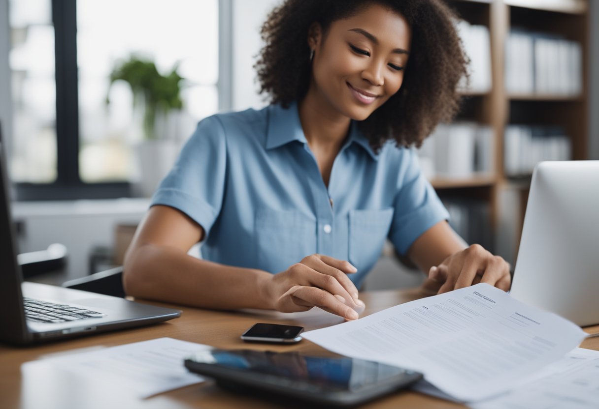 A person reviews documents, makes phone calls, and uses a computer to navigate credit repair procedures