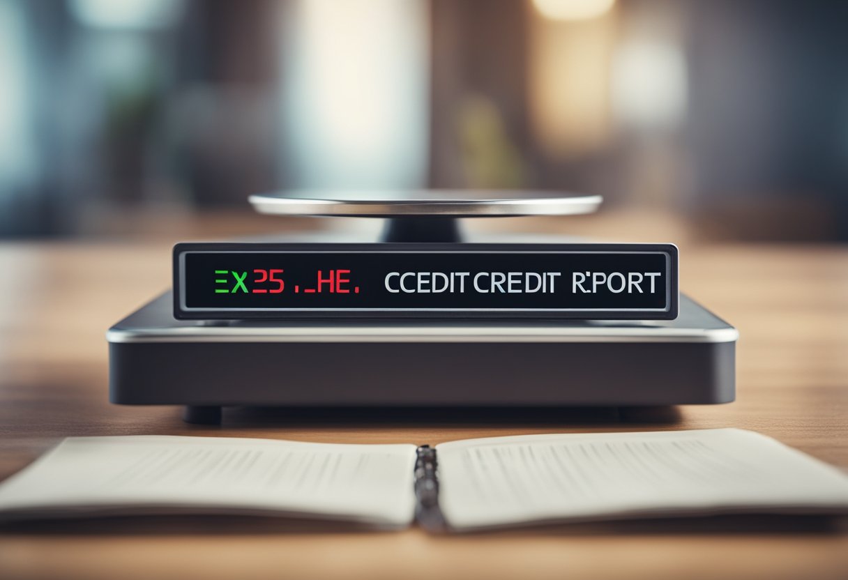 A scale tipping towards "excellent credit" with a growing stack of positive credit reports next to it