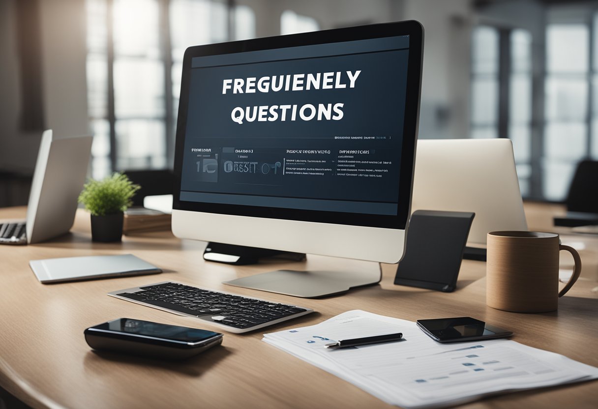 A desk with a computer, phone, and a stack of papers labeled "Frequently Asked Questions" next to a sign that reads "Best Credit Solutions."