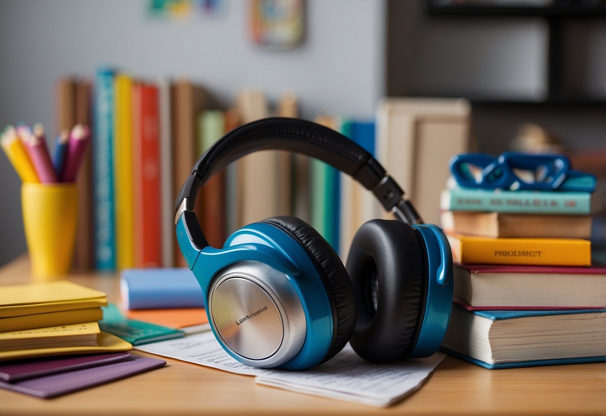 A table with 10 different learning materials, including books, puzzles, and art supplies, arranged neatly. A child's desk with a computer and headphones nearby