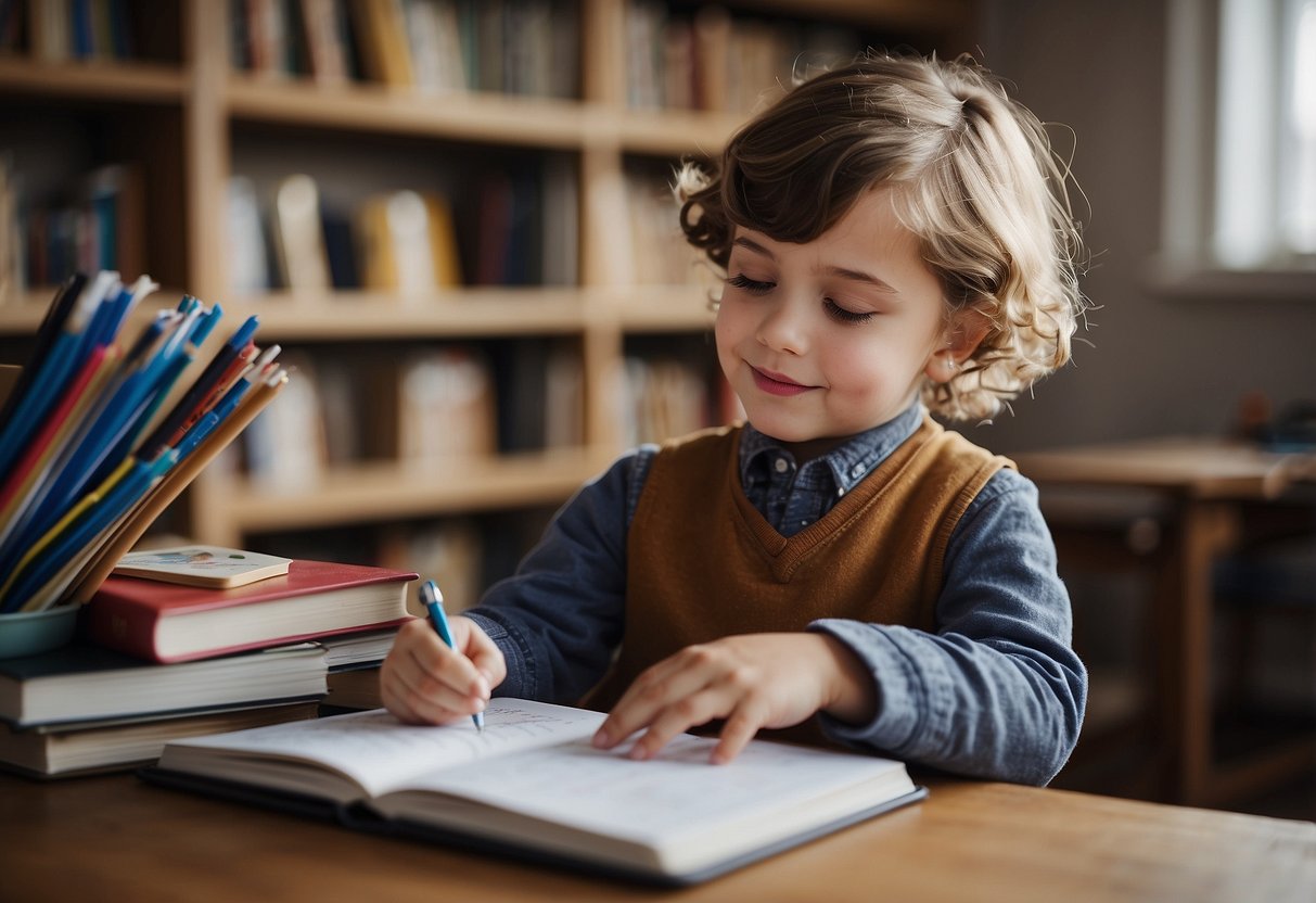 A child surrounded by books, using different tools to learn: a tablet, a notebook, and drawing supplies. Various learning materials are scattered around the child, showing a preference for visual and hands-on learning