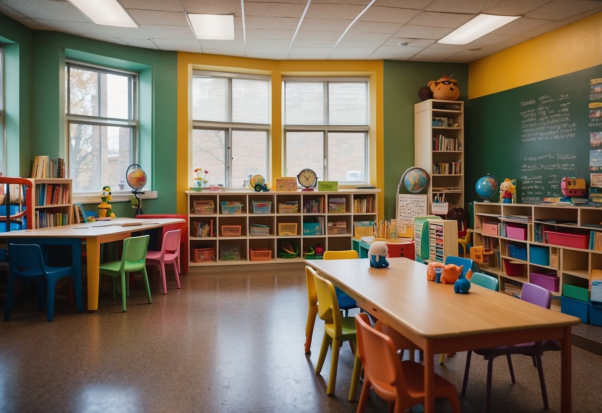 A colorful classroom with various learning materials and tools arranged in different areas, such as a reading nook, a science station, and a hands-on activity corner