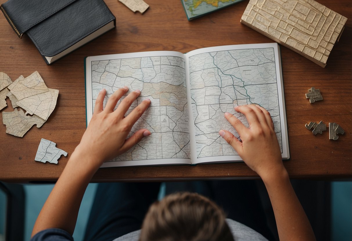 A table covered in various textured materials, a braille book, a 3D puzzle, and a tactile map. A student exploring with their fingertips, engaged in hands-on learning