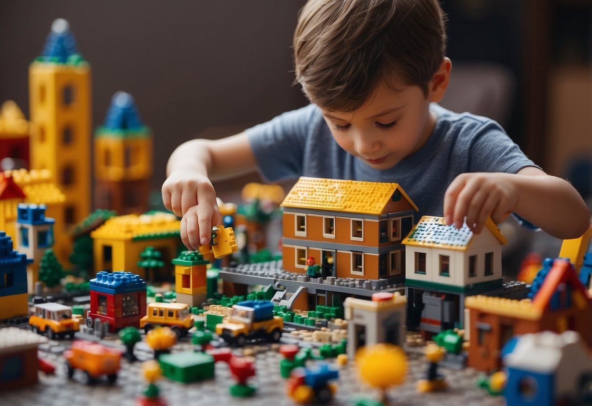 A child constructs a colorful building with LEGOs, surrounded by various tactile learning activities