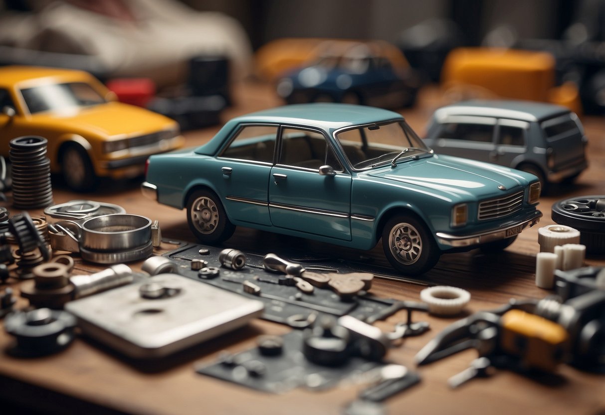 A table with model car parts spread out, tools nearby, and a step-by-step instruction manual