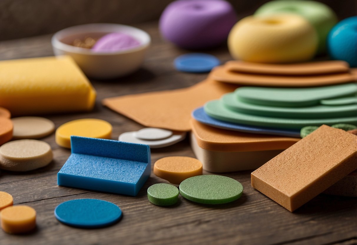 A table covered in textured materials like sandpaper, fabric, and foam. A variety of tactile learning tools such as textured flashcards, sensory bins, and manipulatives are scattered across the table