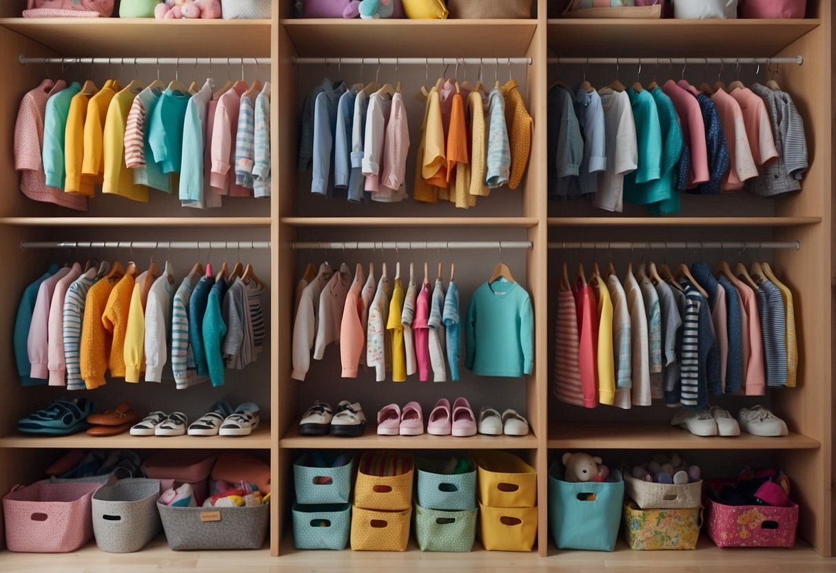 Colorful kids' closets arranged in pairs, filled with toys, clothes, and books. Labels and organizers help keep everything tidy and accessible