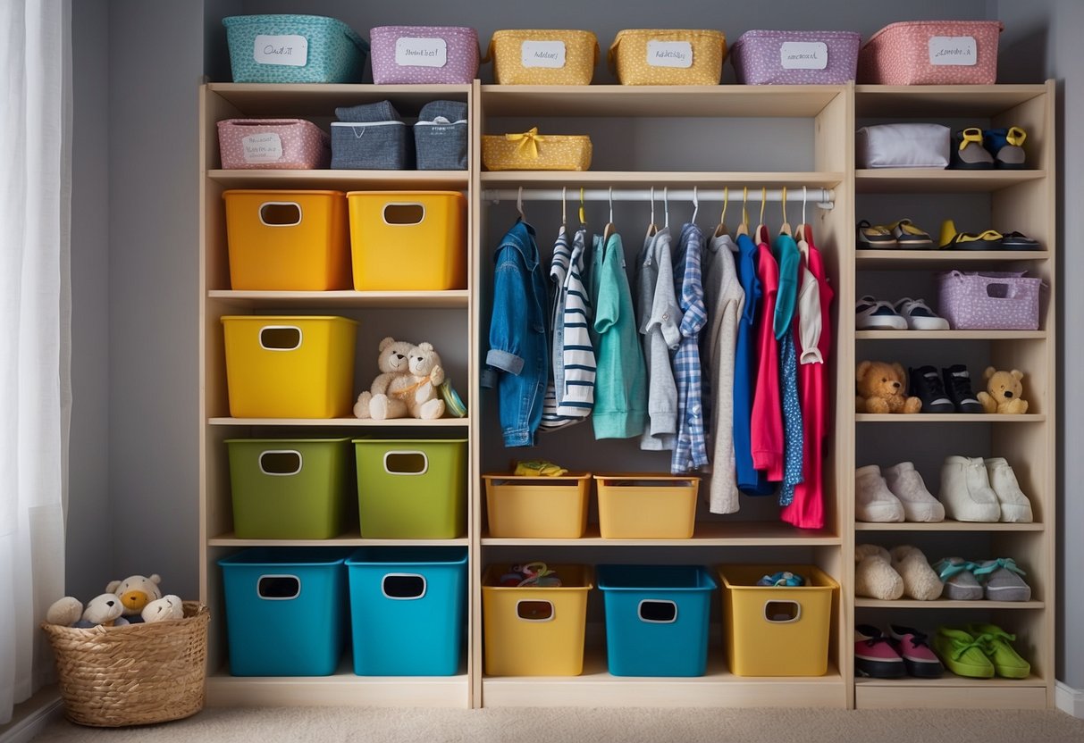 Two kids' closet with labeled bins for toys, shelves for books, and hanging organizers for clothes. Color-coded sections for each child's belongings