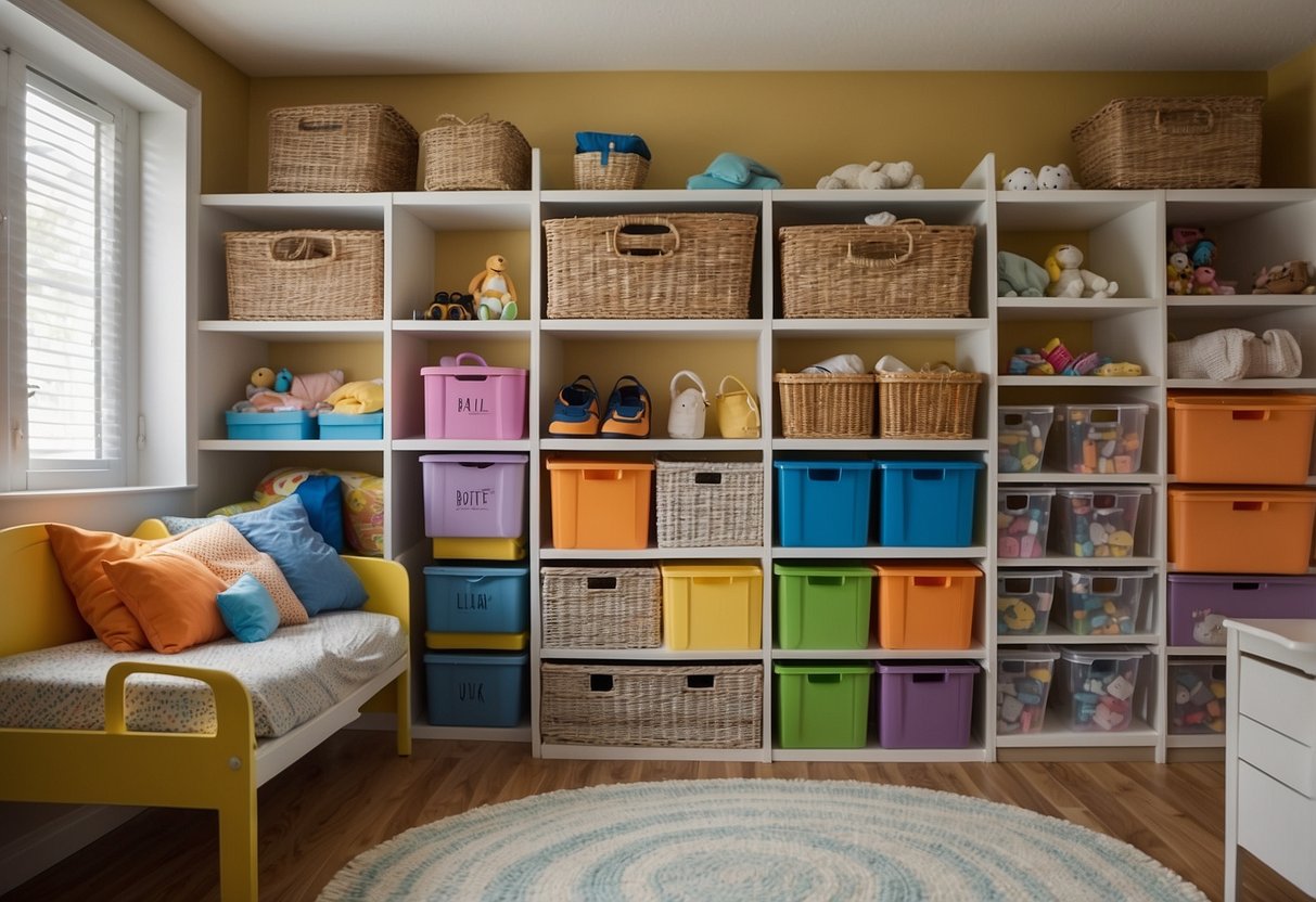 A shelving system is being installed in a child's bedroom, with colorful bins and baskets neatly organized on the shelves, eliminating the need for dressers