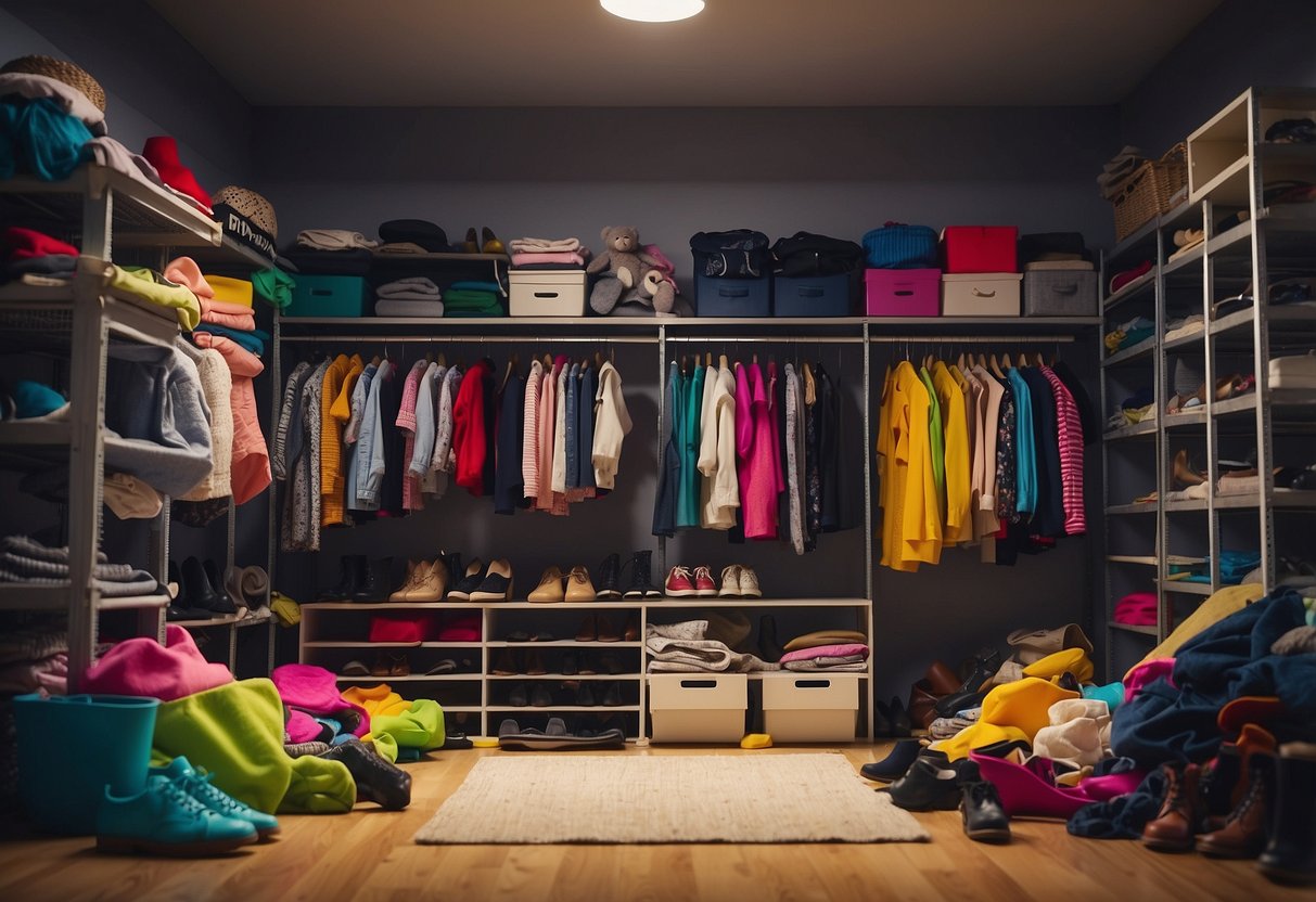 Colorful clothing spilling out of an overflowing closet, with shelves and bins in disarray. Shoes scattered on the floor, and toys mixed in with the clothes