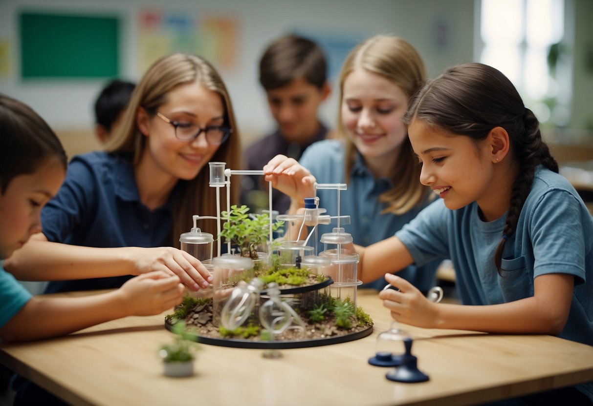 Students conducting experiments, building models, and exploring nature. Teacher guiding discussions and facilitating hands-on activities. Engaged and curious atmosphere in the classroom