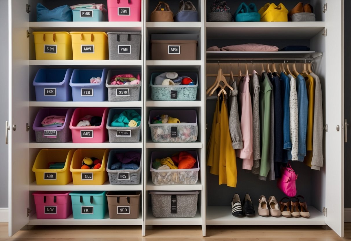 Colorful bins and labeled shelves fill the closet. Clothes are neatly folded and hung, with designated sections for each child. Toys and accessories are organized in separate compartments