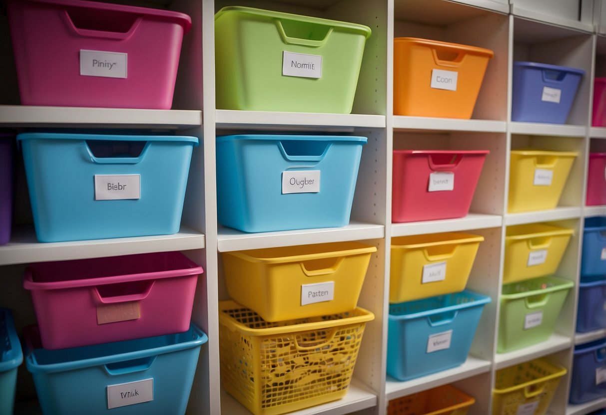 Colorful bins and baskets neatly labeled with each child's name. Hanging organizers for shoes, sweaters, and accessories. Shelves with adjustable heights for toys and books