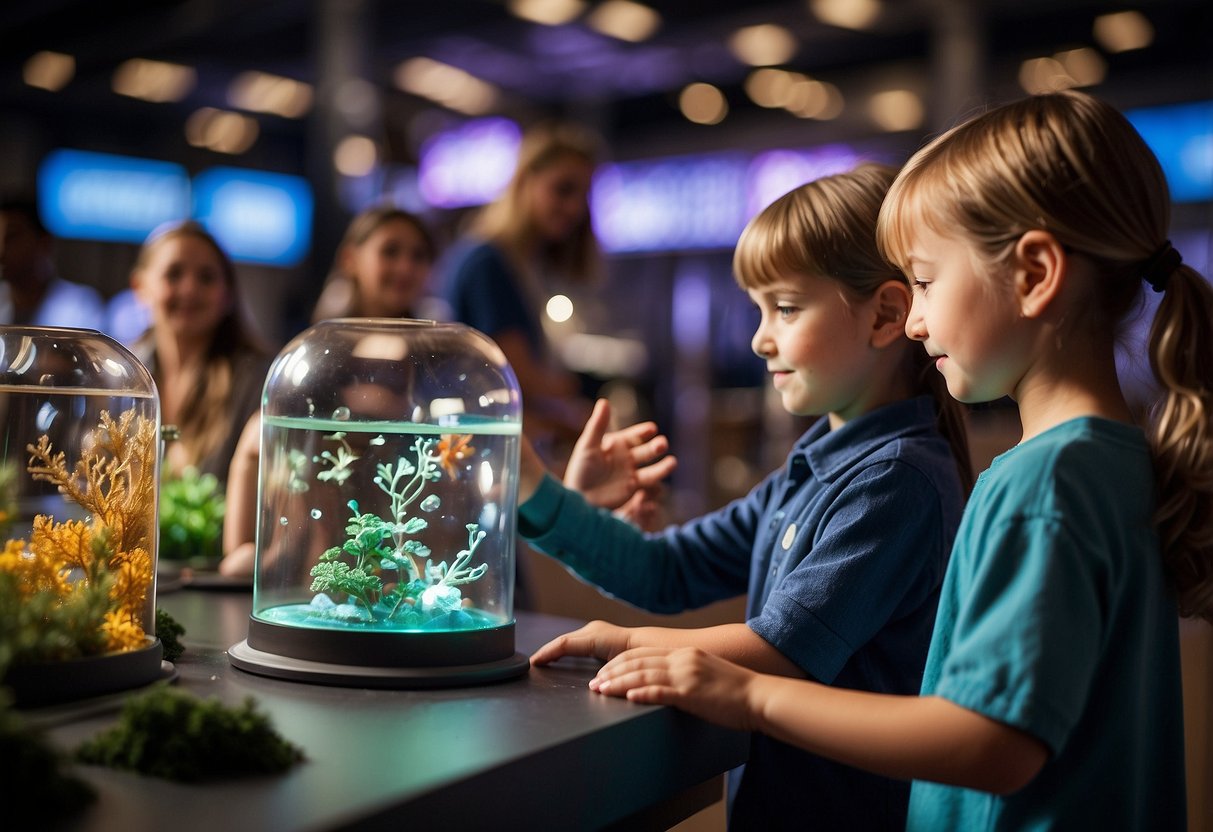 Children explore interactive exhibits, conduct experiments, and engage in hands-on activities at a science center. Displays showcase scientific principles and technology, promoting a fun and immersive learning experience