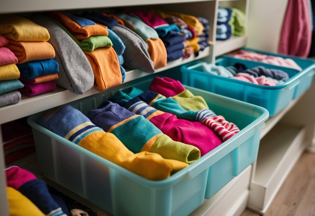 Colorful kids' clothing neatly organized in a shared closet with labeled bins and shelves. Toys and books are also neatly stored, creating a tidy and functional space for children