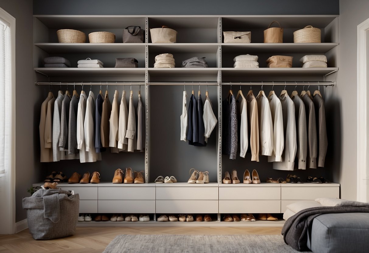 The closet is divided into two equal sections, each with its own hanging rod and shelf. The left side is neatly organized with clothes and shoes, while the right side is empty and waiting to be filled