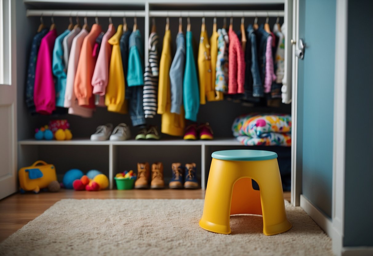 A step stool is placed in front of a row of shared closets for kids, with colorful clothes and toys spilling out