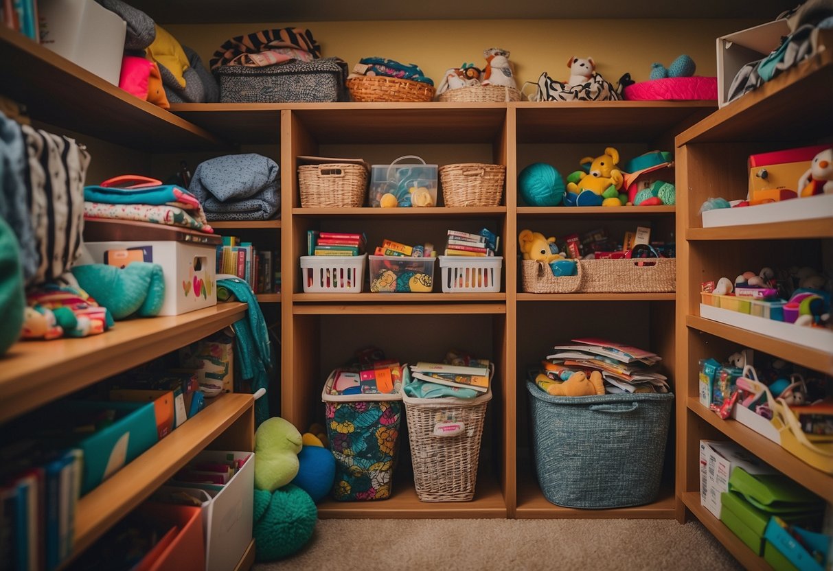 A colorful, organized closet filled with toys, books, and art supplies. Bright, playful decor and labels make it easy for kids to find and put away their belongings