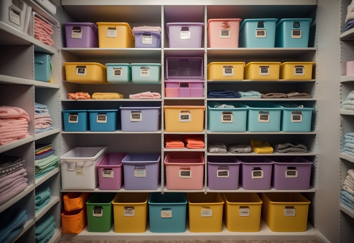 Colorful bins and shelves neatly hold kids' clothes and toys in a shared closet. Labels and dividers help keep everything organized and easily accessible