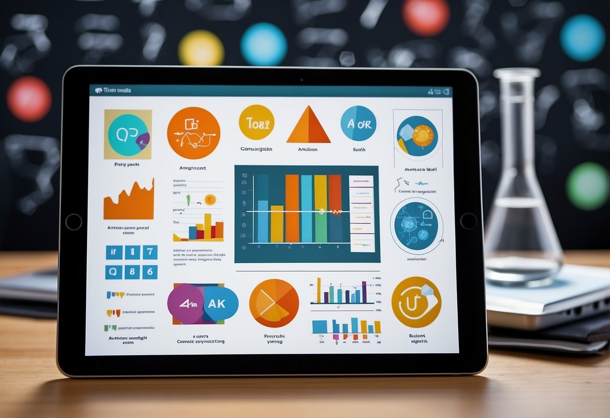 Colorful icons of math and science apps float above a tablet, surrounded by equations and scientific diagrams. The screen displays engaging interactive lessons