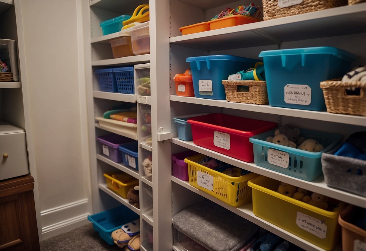 Colorful bins and shelves neatly hold clothes and toys in a small shared kids' closet. Labels and dividers help keep items organized and easily accessible