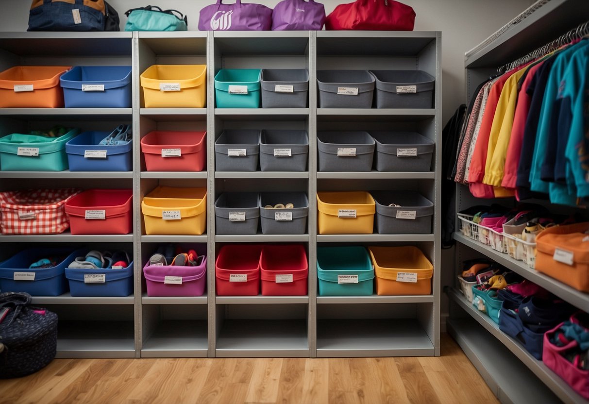 Colorful bins and baskets line the shelves, filled with neatly folded clothes and labeled with each child's name. A hanging organizer holds shoes and accessories, while hooks on the door store backpacks and hats