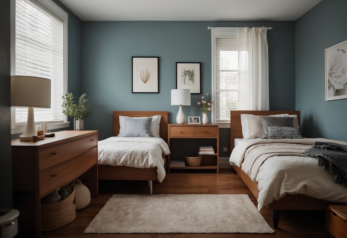 Two separate beds with individual bedding and personal items in a shared bedroom. Each bed is positioned on opposite sides of the room with a dividing curtain or bookshelf