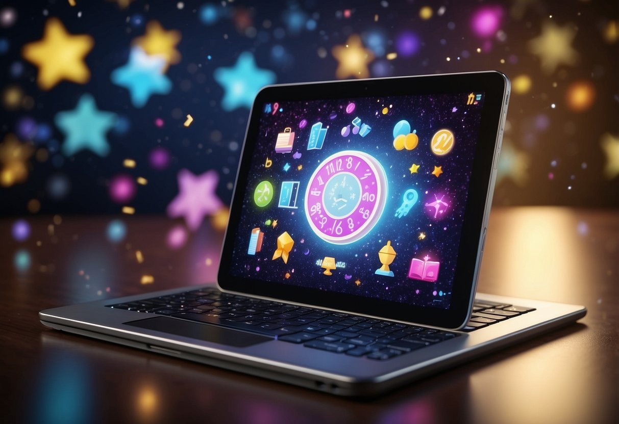 Colorful icons of math and science concepts float above a tablet screen, surrounded by sparkles and stars. An enthusiastic glow emanates from the device, highlighting the excitement of learning