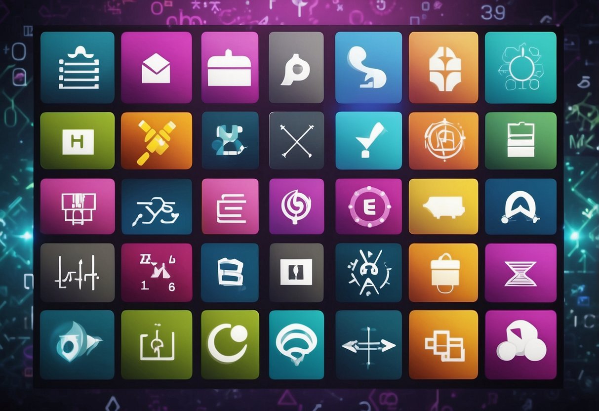 Bright, colorful app icons arranged in a grid on a digital screen, with math and science symbols and equations visible