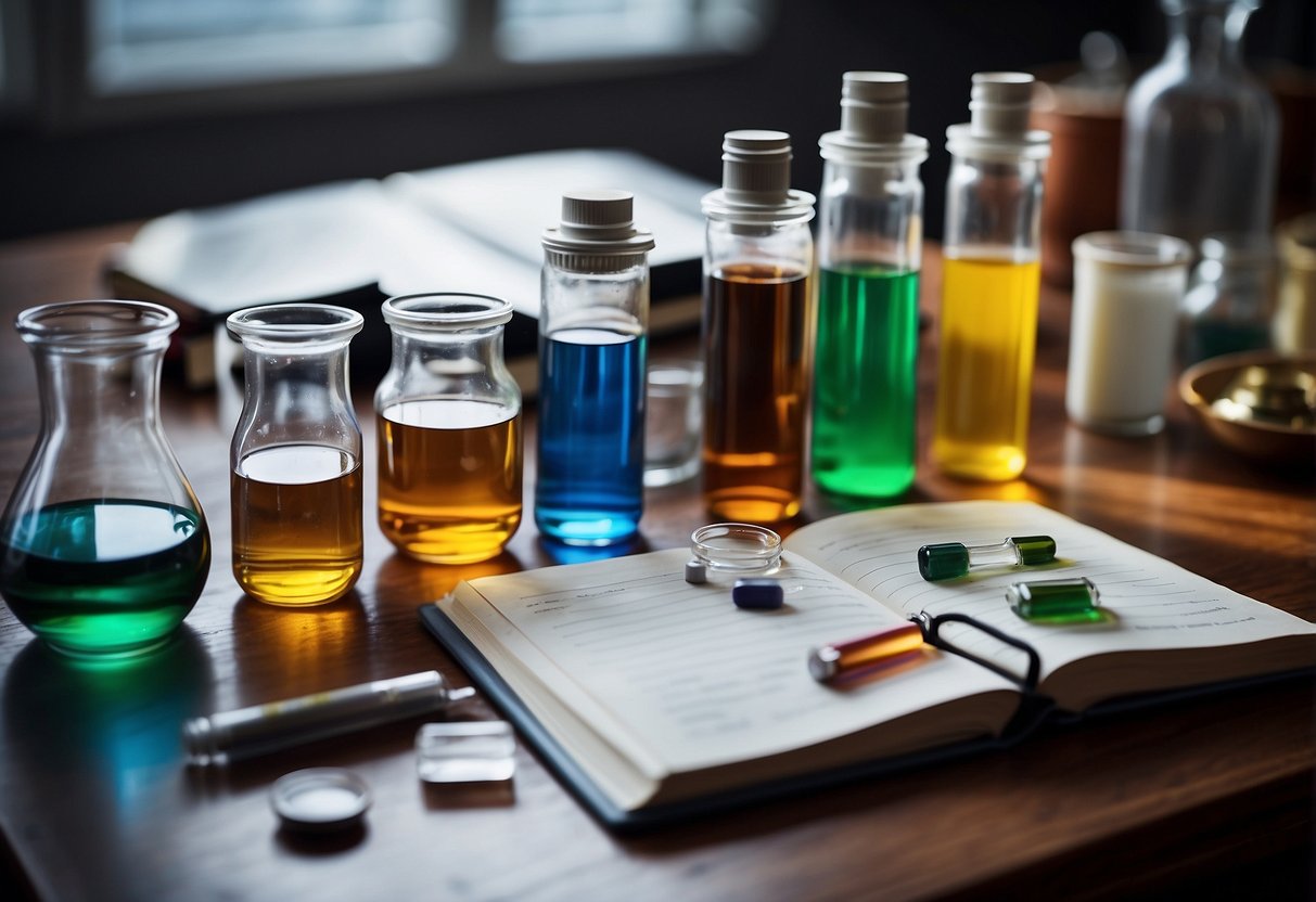 A table with various science project materials laid out, including beakers, test tubes, and colorful liquids. A notebook with labeled steps sits nearby