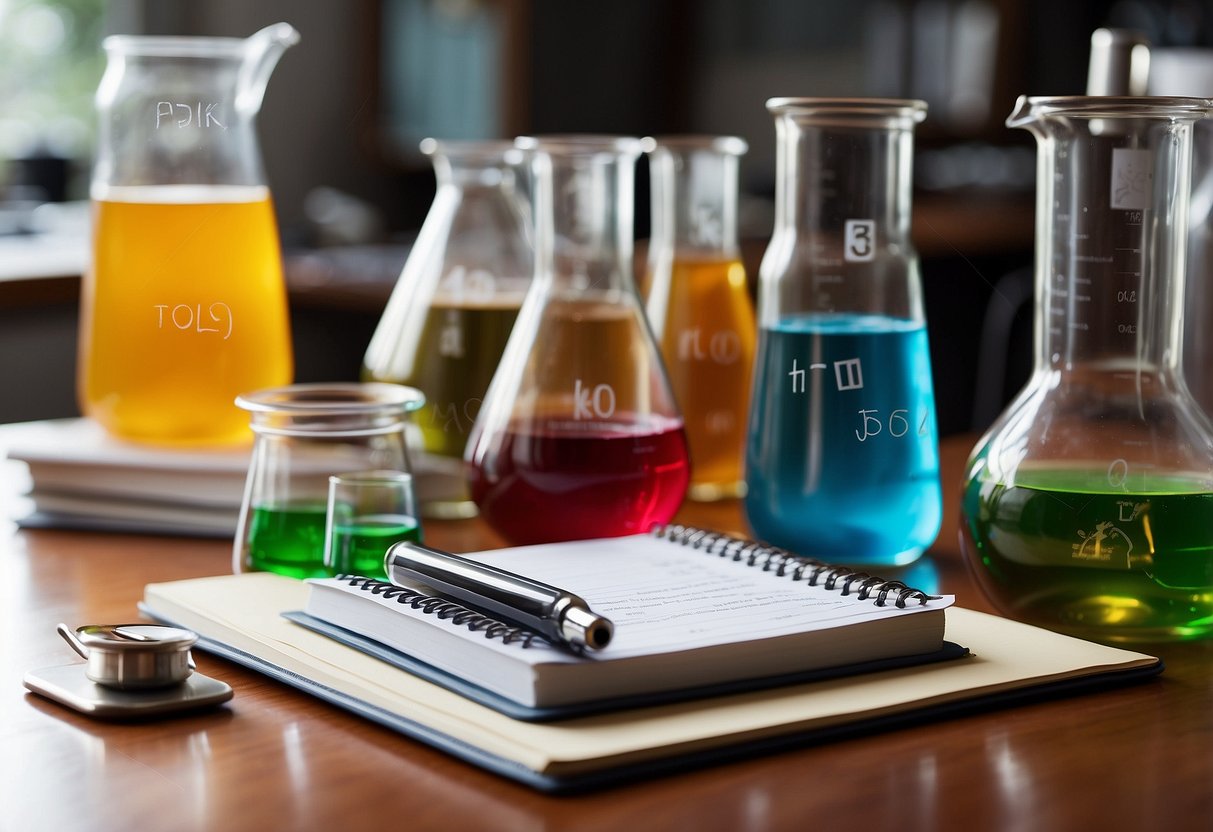 A table filled with science experiment materials and tools, including beakers, test tubes, and colorful liquids. A notebook with handwritten observations and data sits next to the experiments