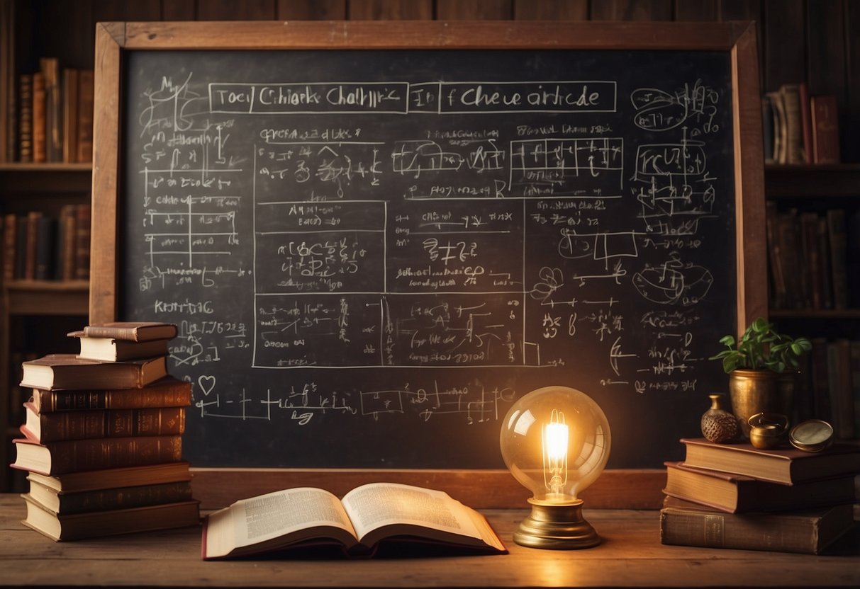 A chalkboard with equations and diagrams, surrounded by books and educational materials, with a beam of light shining down on it