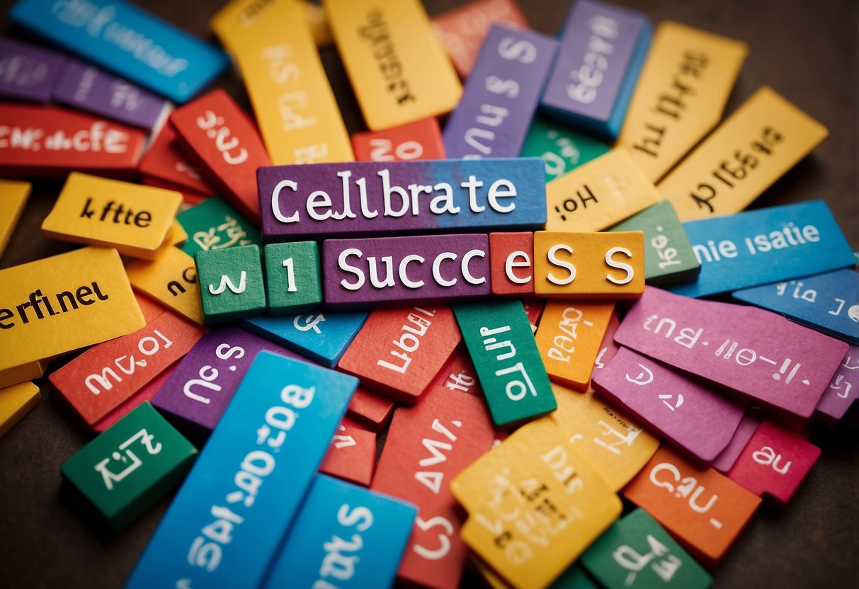 A colorful chart with "Celebrate Small Successes" in bold letters. Math symbols and positive affirmations surround it, illustrating growth mindset techniques