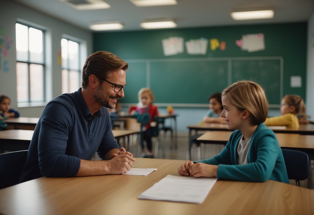 A classroom setting with a teacher and parent sitting at a table, discussing with a list of 10 questions on the table