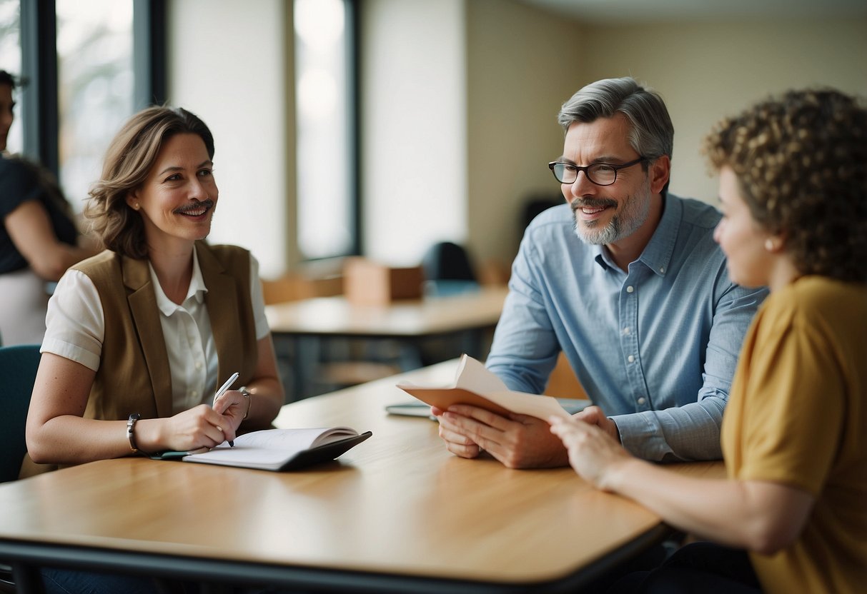 A parent sitting across from a teacher, asking questions and taking notes during a parent-teacher conference