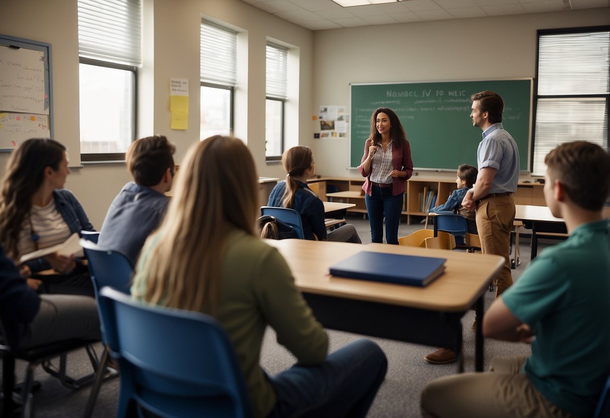 A classroom setting with students engaged in discussion, teacher leading the conversation, and parents observing from the background