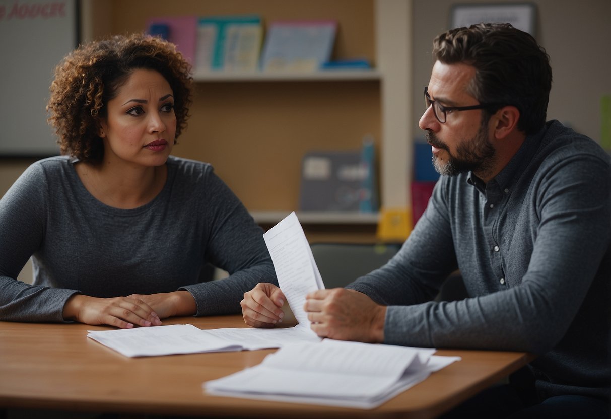 A concerned parent sits across from a teacher, asking about their child's progress with assignments and homework. The teacher responds, gesturing to a stack of papers and a calendar on the desk