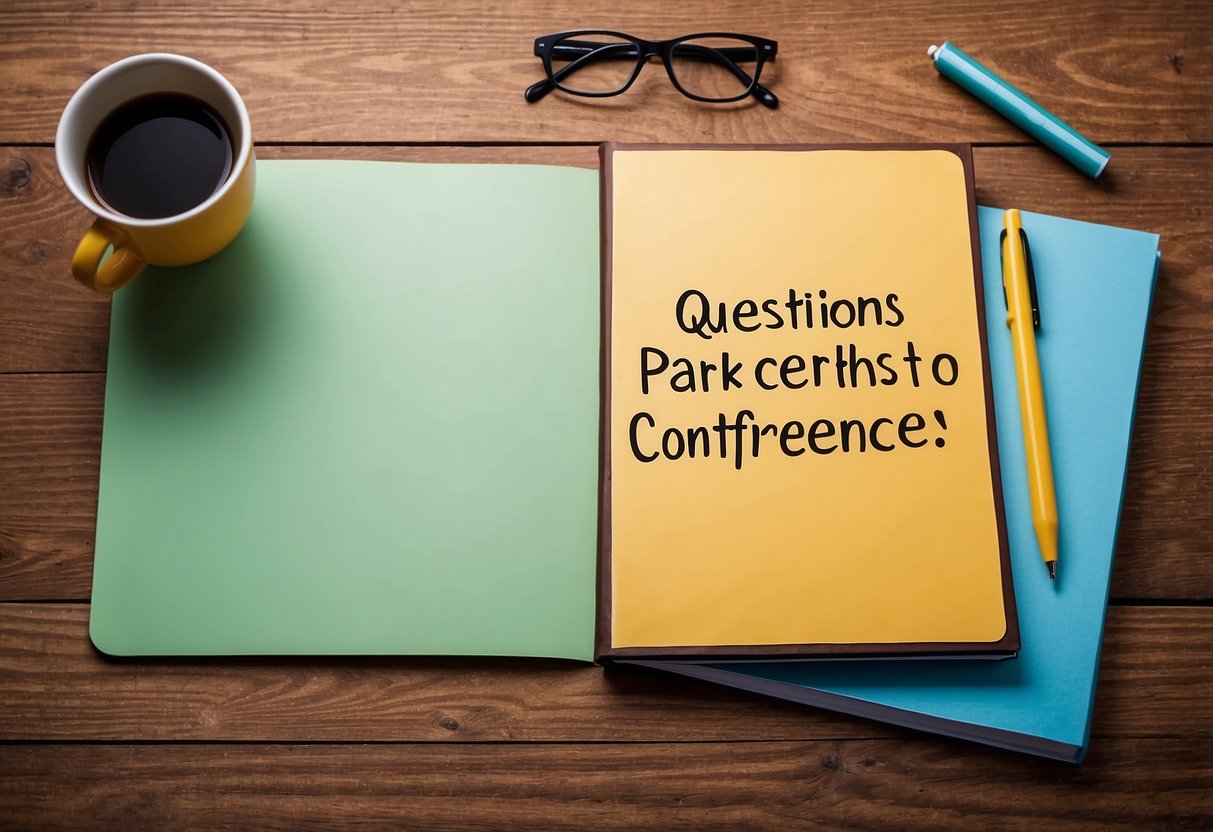 A table with two chairs, a clipboard, and a pen. A sign with the title "10 Questions to Ask at Parent-Teacher Conferences" displayed prominently