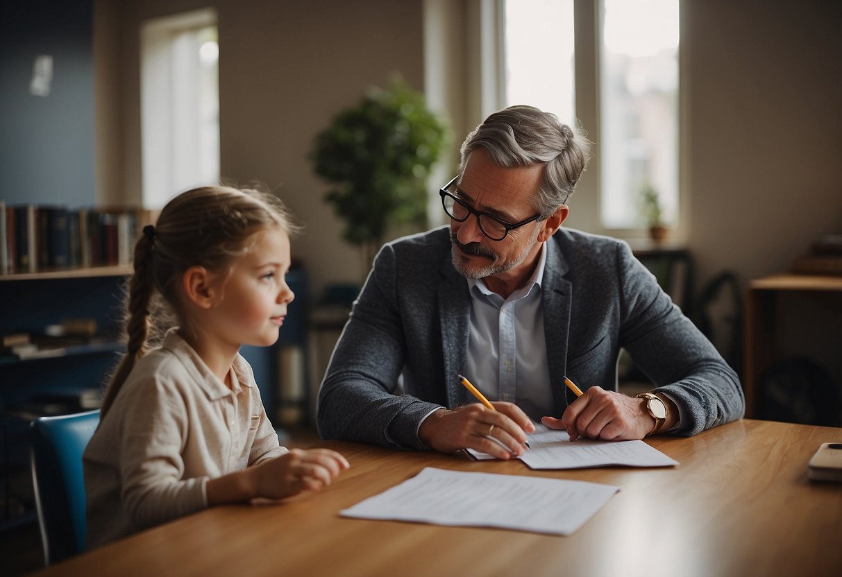 A parent and teacher sit at a table, discussing the child's social development. A list of 10 questions is on the table