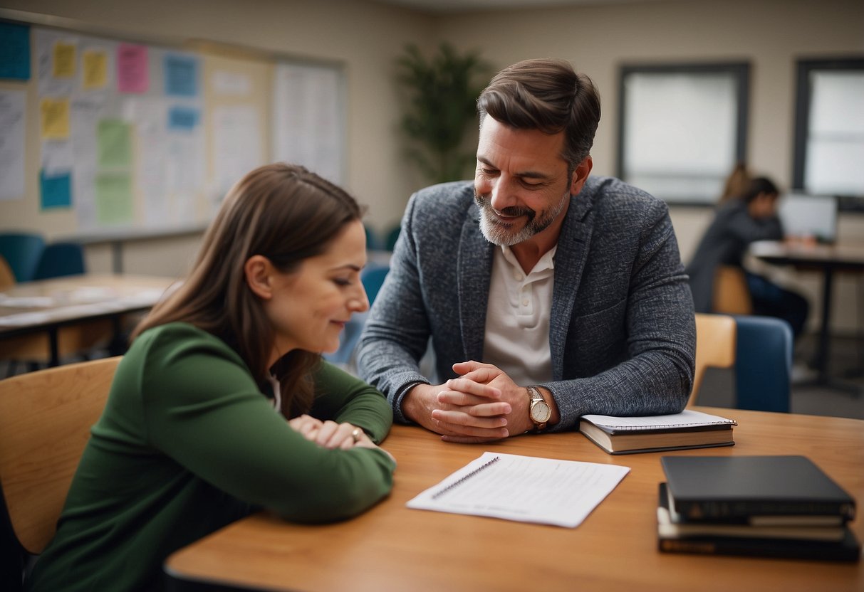 A parent and a teacher sit at a table, discussing assignments. They are both engaged and focused on building a strong relationship. A checklist of 7 tips is visible on the table