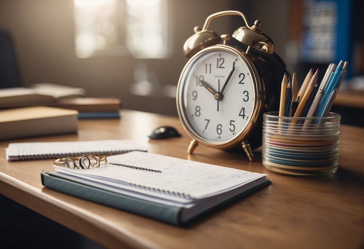 A teacher's desk with organized papers, a clock, and a calendar. A student's hand handing in a neatly completed assignment. A respectful and attentive student sitting at their desk