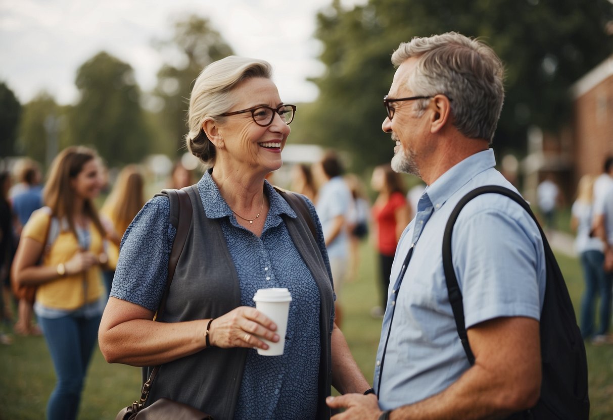 A parent and a teacher chatting at a school event, exchanging smiles and sharing a warm conversation. A sense of mutual respect and understanding is evident in their body language