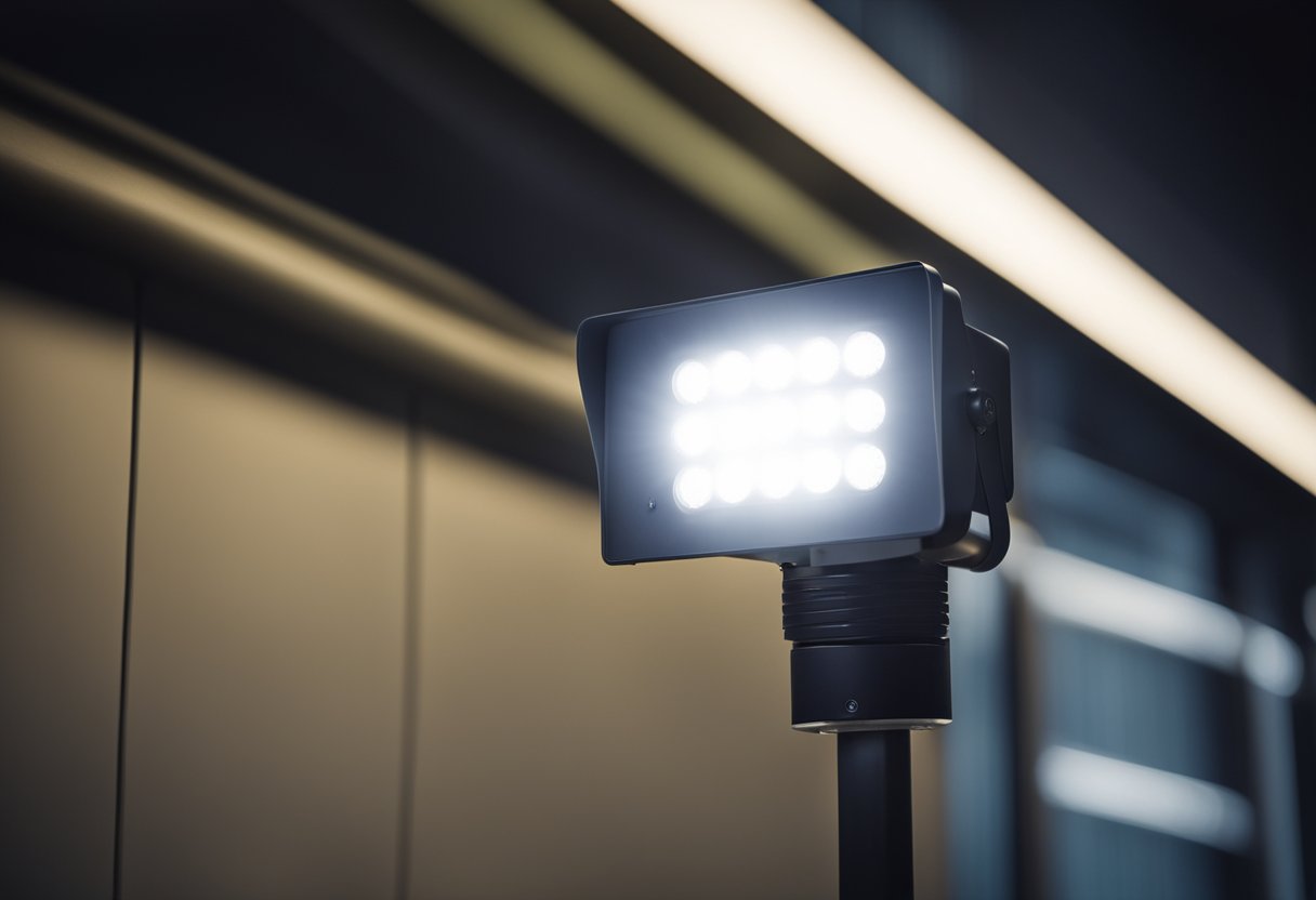 A bright outdoor floodlight with a motion sensor illuminating a dark area